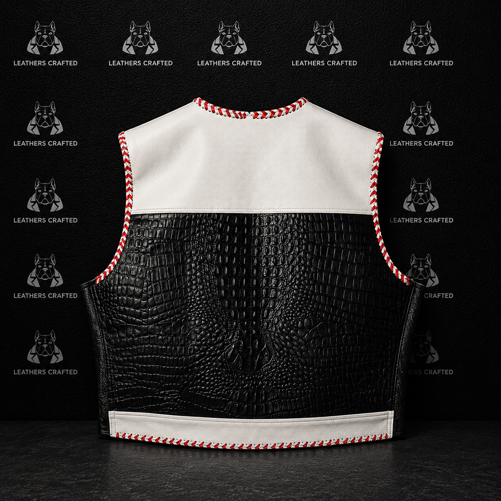 Premium Black & White Crocodile Embossed Leather Motorcycle Vest for Men | Handmade Genuine Leather Biker Vest | Leathers Crafted