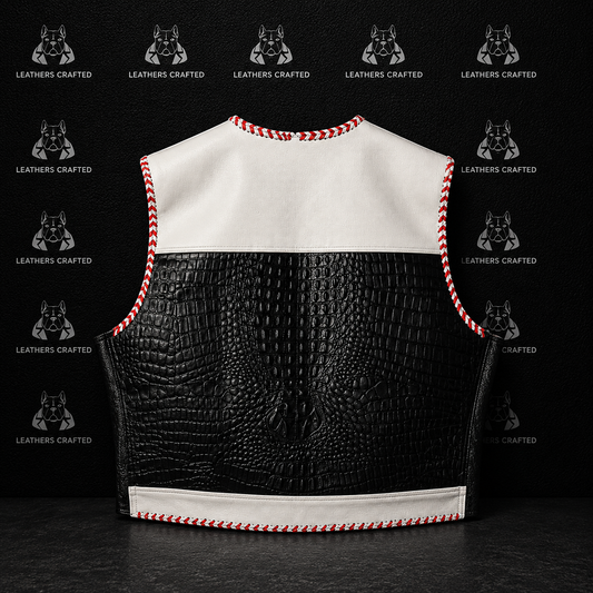 Premium Black & White Crocodile Embossed Leather Motorcycle Vest for Men