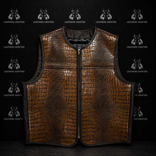 Premium Brown Crocodile Embossed Leather Motorcycle Vest for Men