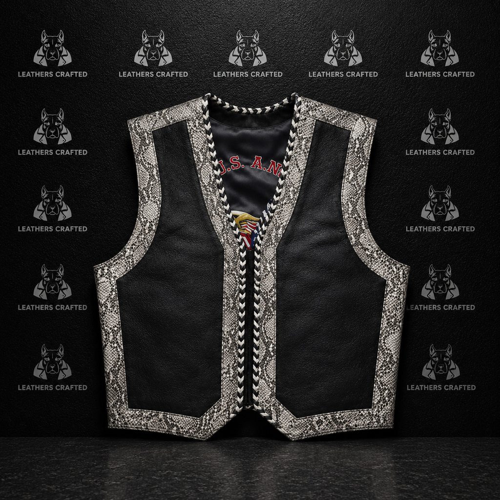 Premium Black Leather Motorcycle Vest with Snakeskin Trim | Handmade Biker Club Vest | Genuine Leather | Leathers Crafted
