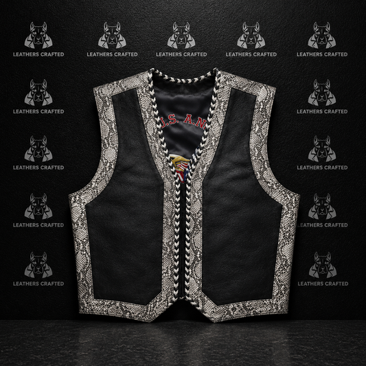 Premium Black Leather Motorcycle Vest with Snakeskin Trim