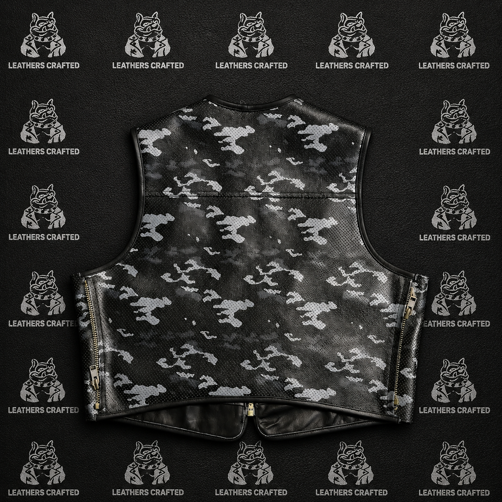 Premium Grey Camo Leather Biker Vest | Handmade Genuine Leather Motorcycle Riding Vest | Leathers Crafted