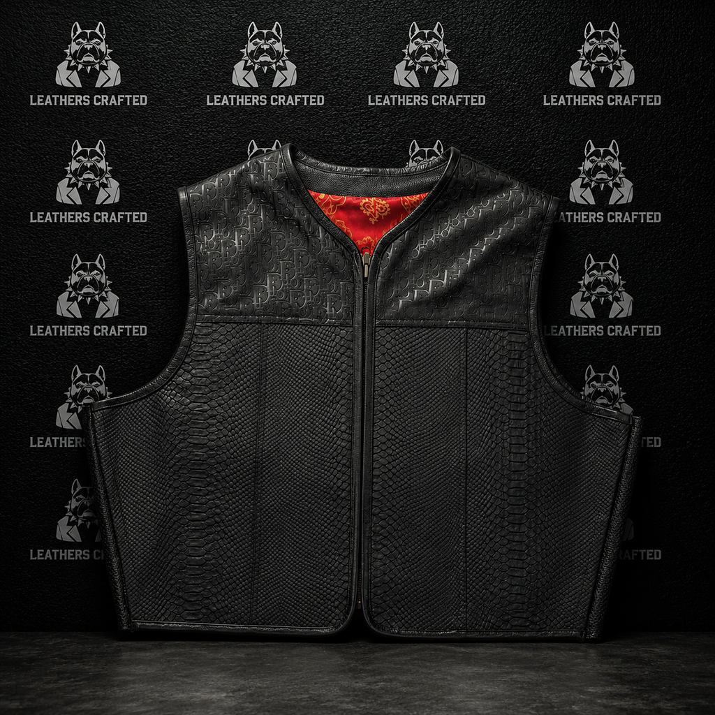 Dior Black Python Embossed Leather Biker Vest | Handmade Genuine Leather Motorcycle Vest | Leathers Crafted