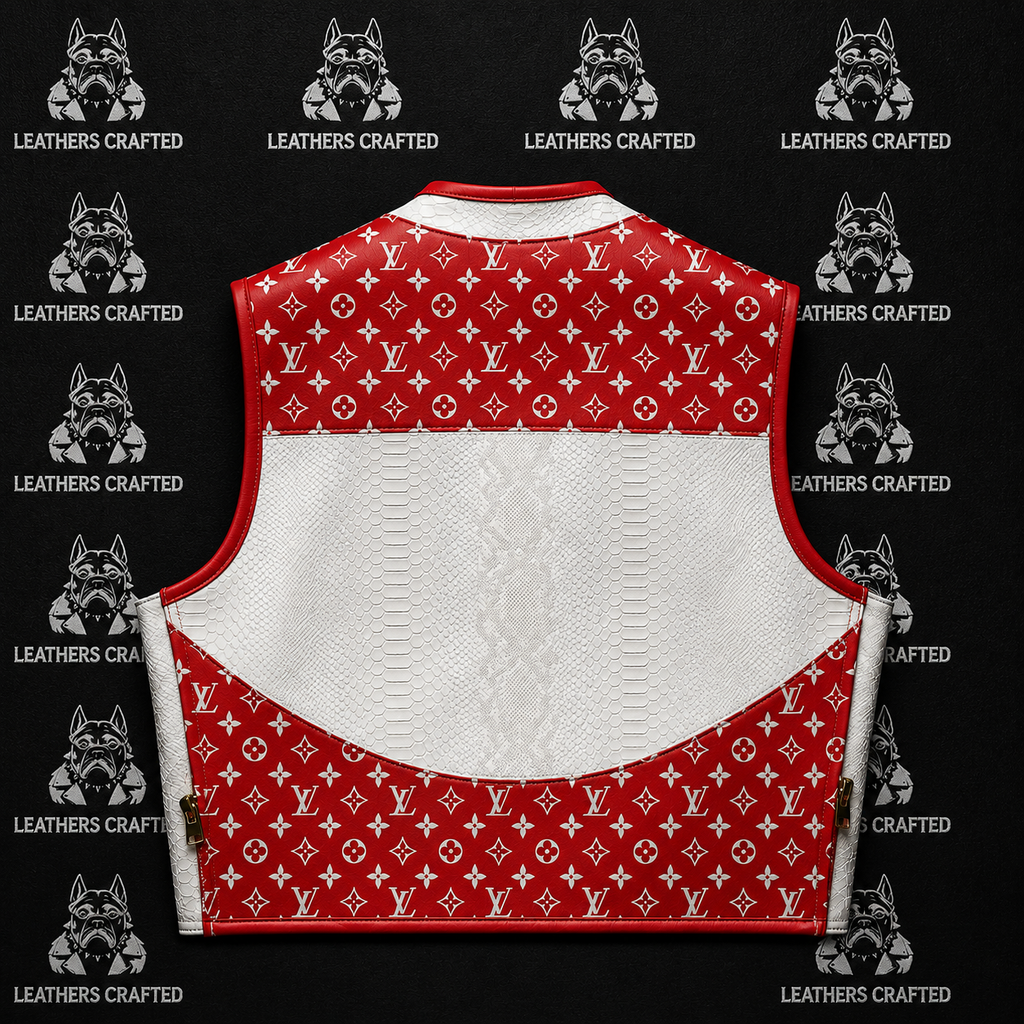Premium Red & White Python Embossed Lv Style Leather Biker Vest | Handmade Genuine Leather Motorcycle Vest | Leathers Crafted