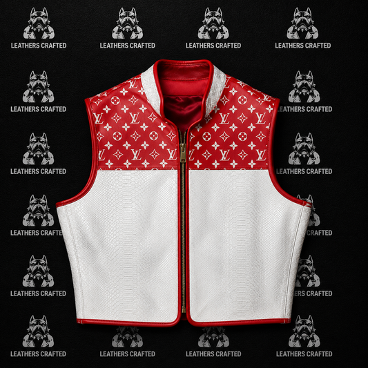 Premium Red & White Python Embossed Lv Style Leather Biker Vest
