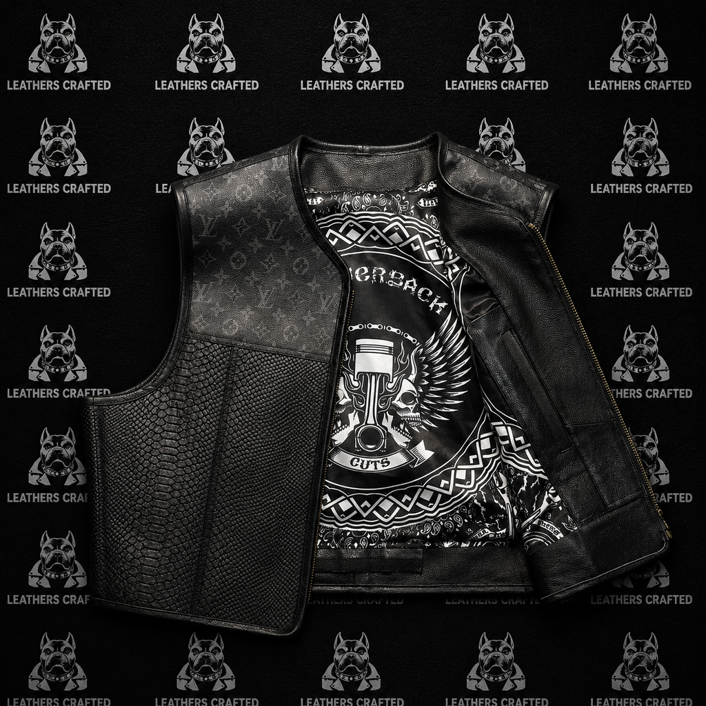 Premium Python Embossed LV style Leather Club Biker Vest | Genuine Handmade Leather Motorcycle Vest | Leathers Crafted