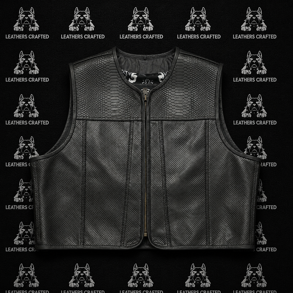 Premium Perforated Python Leather Biker Vest | Handmade Genuine Leather Motorcycle Vest | Leathers Crafted
