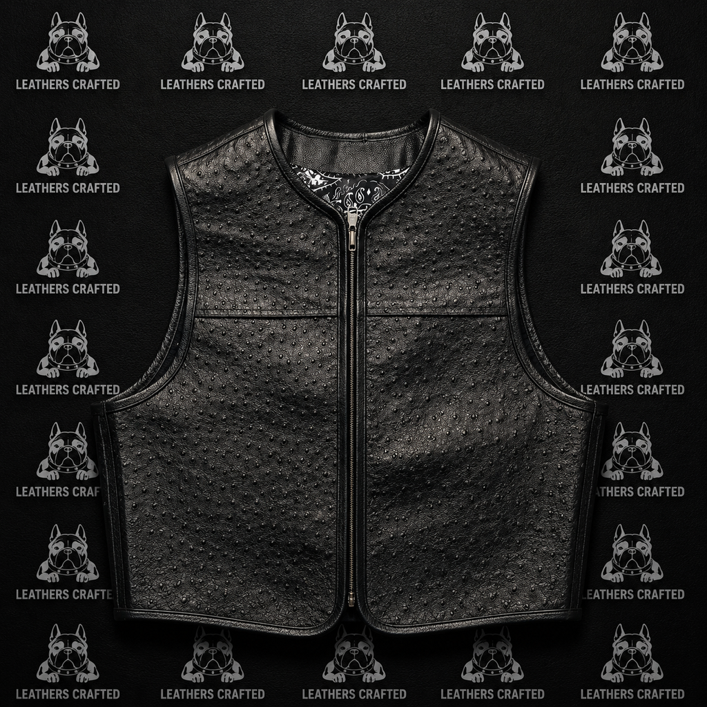 Premium Black Ostrich Leather Biker Vest | Handmade Genuine Leather Motorcycle Vest | Leathers Crafted