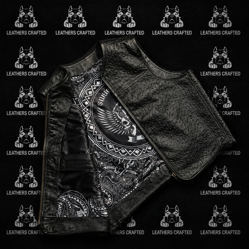 Premium Black Ostrich Leather Biker Vest | Handmade Genuine Leather Motorcycle Vest | Leathers Crafted