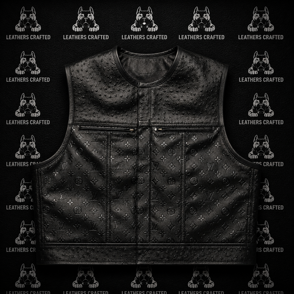 Premium Black Exotic Embossed LV Style Leather Biker Vest | Handmade Genuine Leather Motorcycle Club Vest | Leathers Crafted