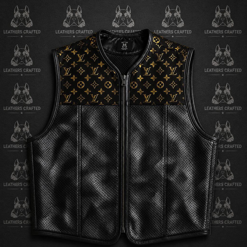 Premium Black Luxury Monogram-Inspired Leather Biker Vest | Perforated Genuine Leather Motorcycle Vest | Handmade | Leathers Crafted