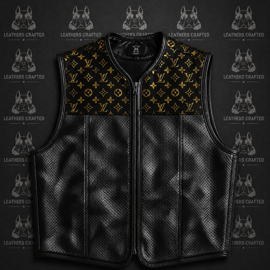 Premium Black Luxury Monogram-Inspired Leather Biker Vest