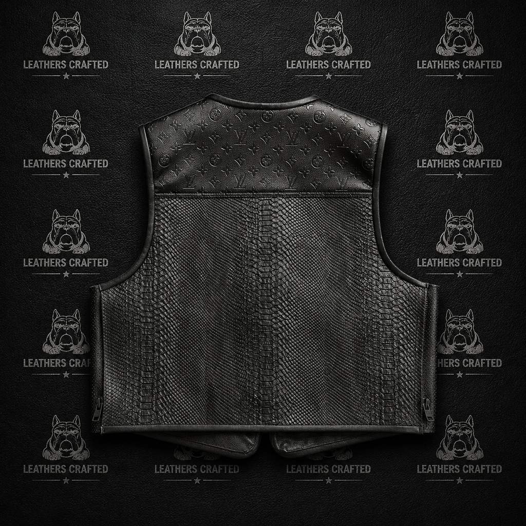 Premium Black Exotic Embossed Leather Biker Vest | Handmade Genuine Leather Motorcycle Vest | Leathers Crafted