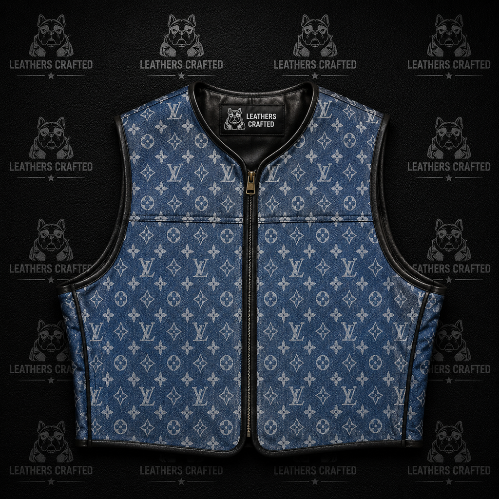 Premium Blue Denim Lv style Leather Biker Vest | Handmade Genuine Leather Motorcycle Vest | Leathers Crafted