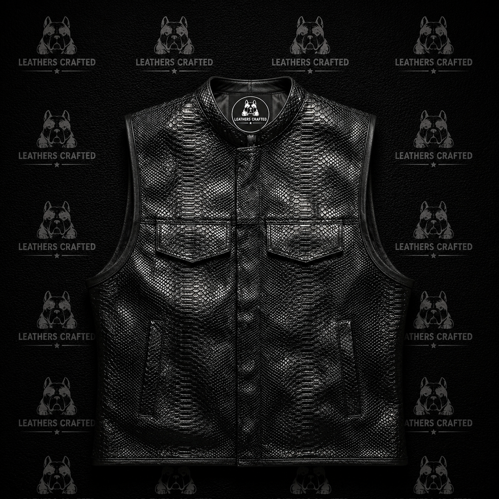 Premium Black Python Embossed Leather Biker Vest | Handmade Genuine Leather Motorcycle Vest | Leathers Crafted