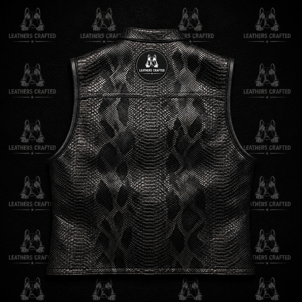 Premium Black Python Embossed Leather Biker Vest | Handmade Genuine Leather Motorcycle Vest | Leathers Crafted