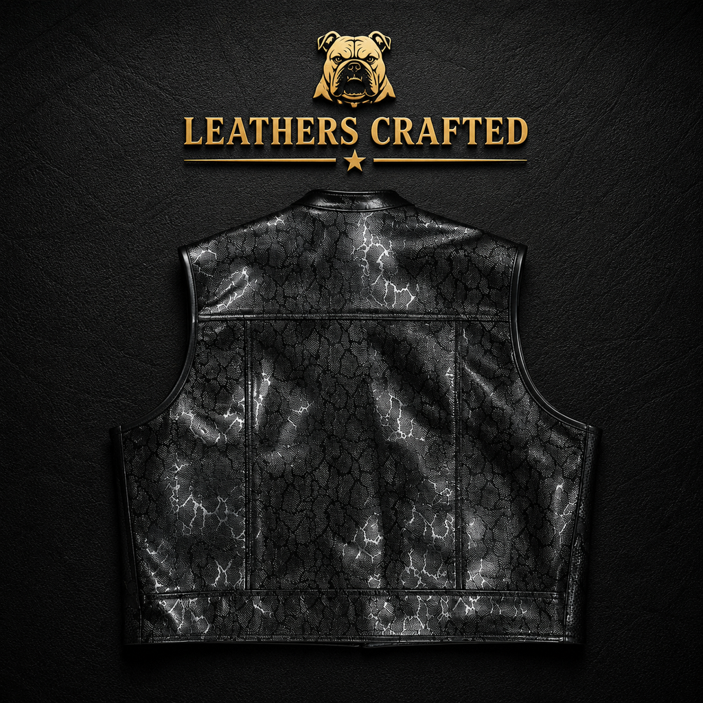 Premium Black Snakeskin Leather Biker Vest | Handmade Genuine Leather Motorcycle Club Vest | Leathers Crafted