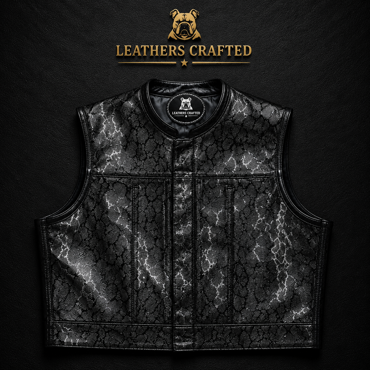Premium Black Snakeskin Leather Biker Vest | Handmade Genuine Leather Motorcycle Club Vest | Leathers Crafted