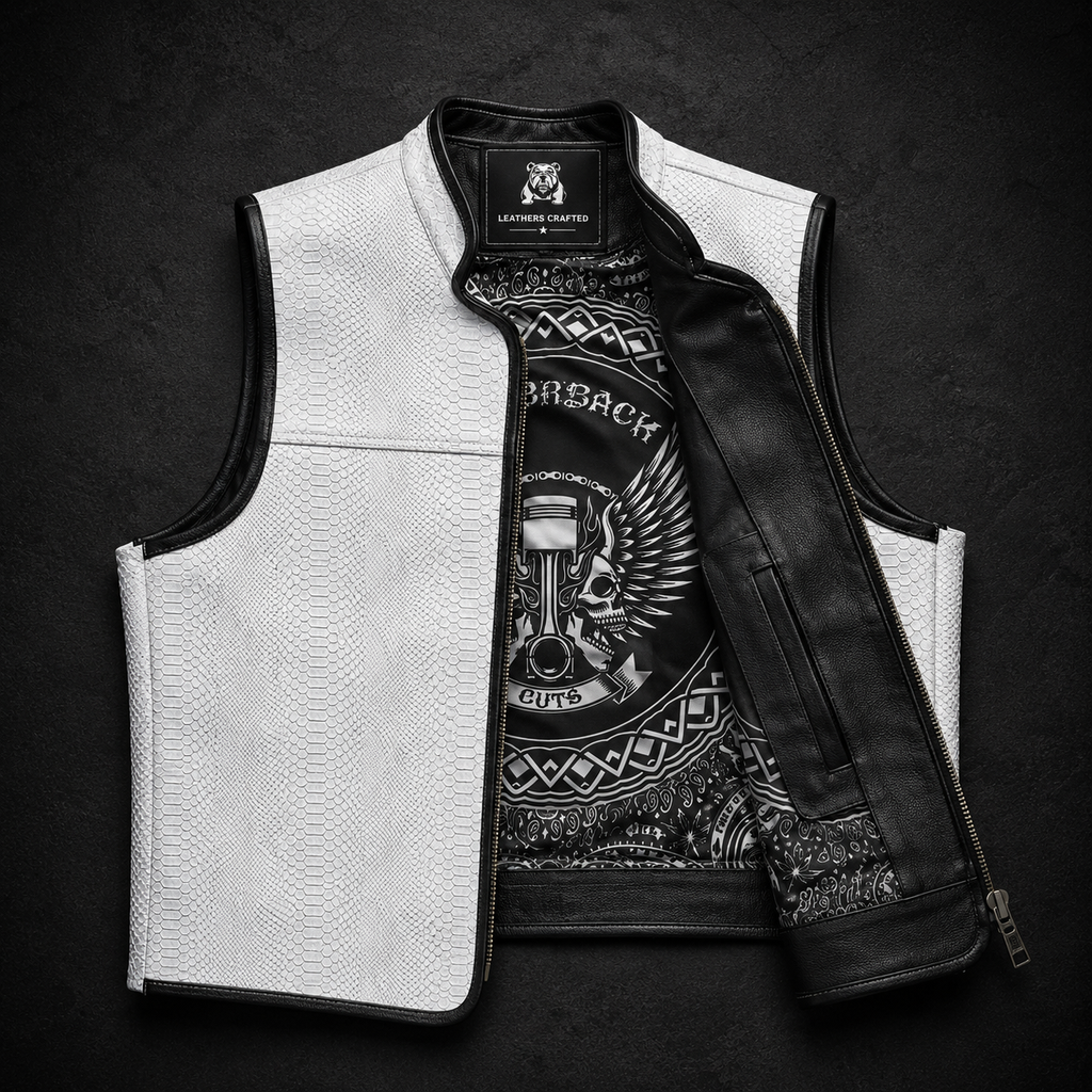 Premium White Python Embossed Leather Biker Vest | Handmade Genuine Leather Motorcycle Vest | Leathers Crafted