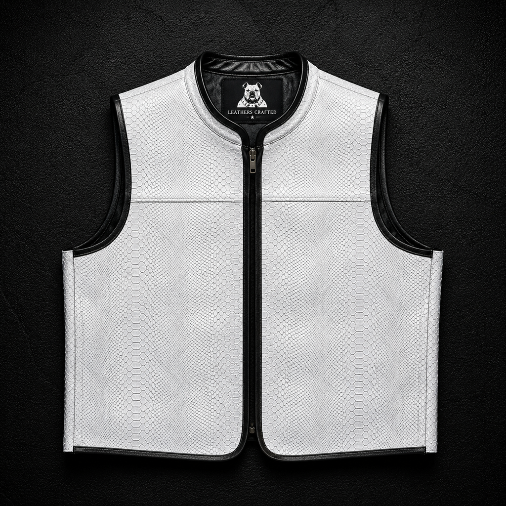 Premium White Python Embossed Leather Biker Vest | Handmade Genuine Leather Motorcycle Vest | Leathers Crafted