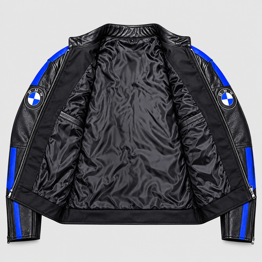 Men's Black & Blue Motorcycle Leather Jacket – Racing Style