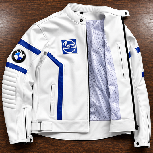 Men's White & Blue Motorcycle Leather Jacket – Racing Style