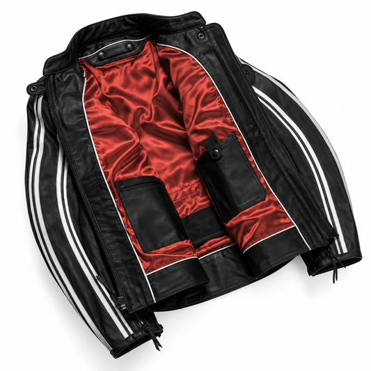 Men's Black Motorcycle Leather Jacket – Racing Stripe Style