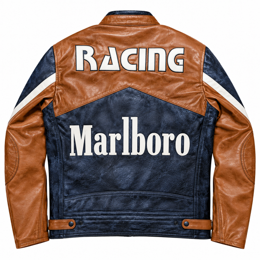Men's Brown & Navy Motorcycle Leather Jacket – Vintage Racing Style