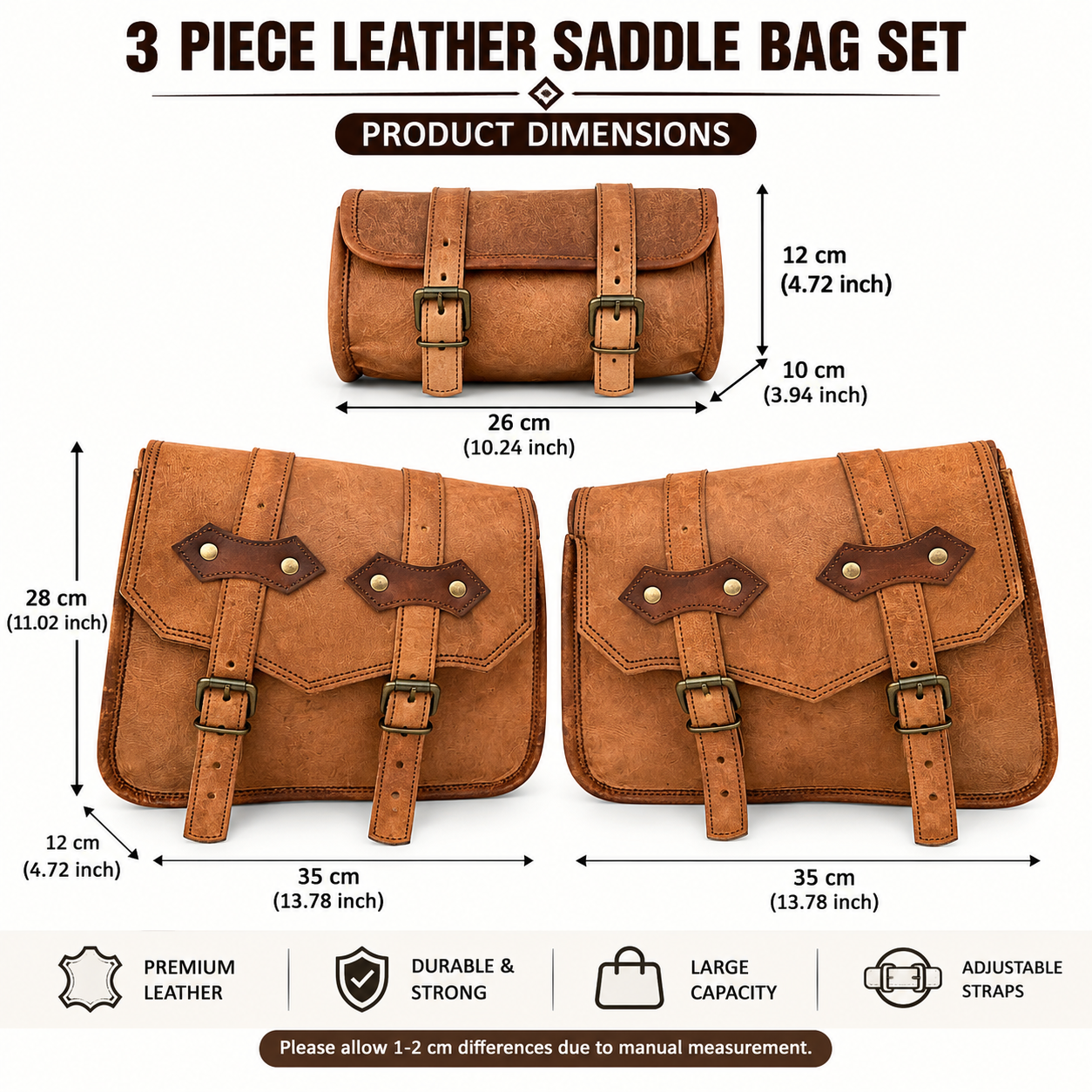 Handcrafted Leather Motorcycle Saddle Bags Set – 3 Piece