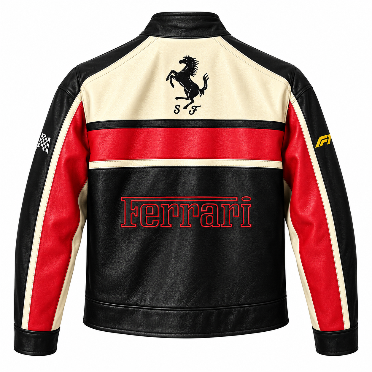 Men’s Black Cream Red Leather Racing Jacket – Motorsport Biker Jacket