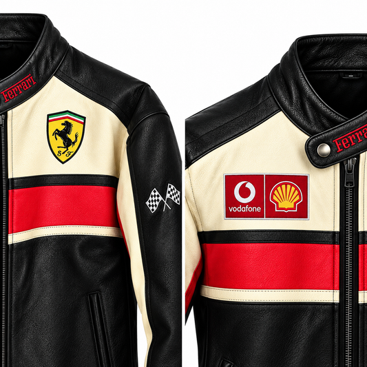 Men’s Black Cream Red Leather Racing Jacket – Motorsport Biker Jacket