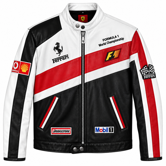 Men’s White Black Red Leather Racing Jacket – Motorsport Biker Jacket