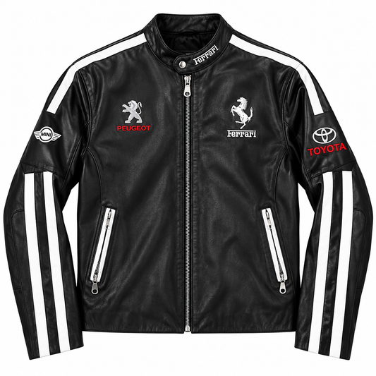 Men’s Black White Leather Racing Jacket – Motorsport Biker Jacket