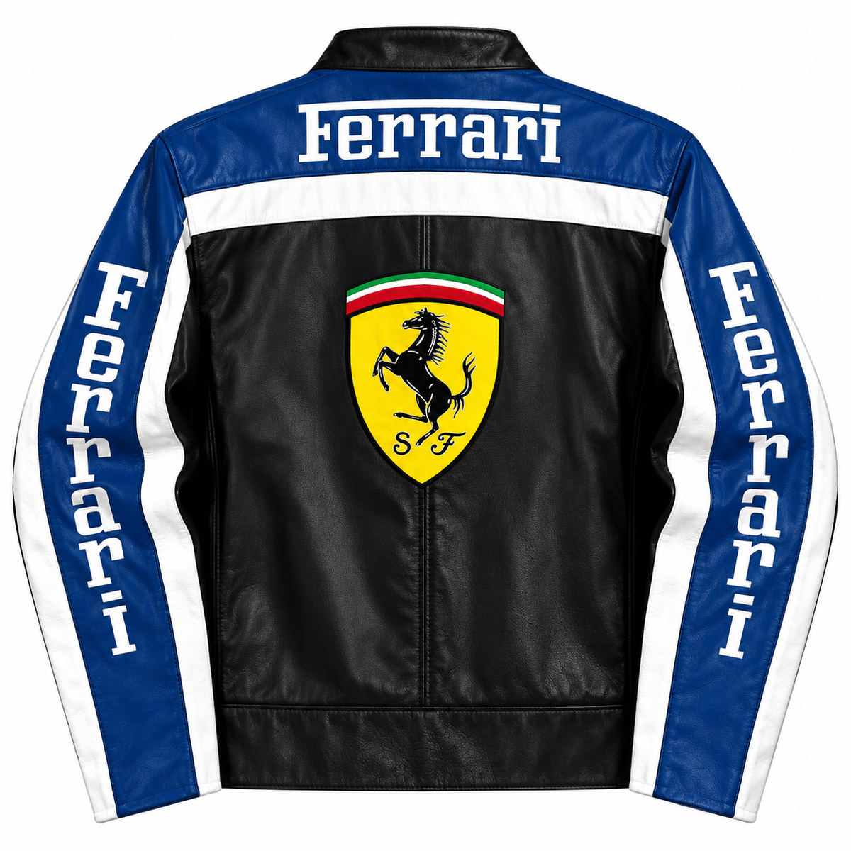 Men’s Black Blue White Leather Ferrari Racing Jacket – Motorsport Biker Jacket
