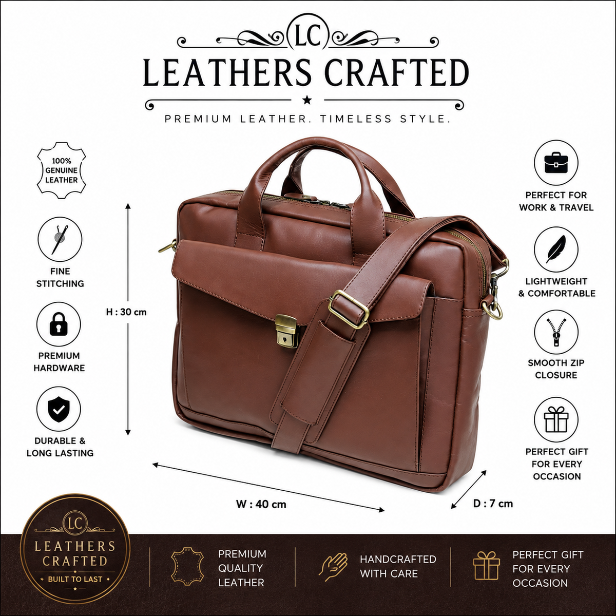 Genuine Leather Briefcase Messenger Bag – Brown Leather Work Bag | Leathers Crafted