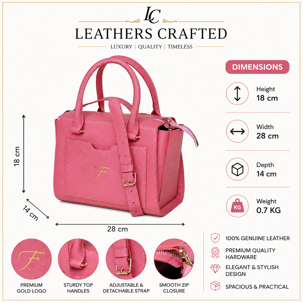 Luxury Pink Genuine Leather Top Handle Handbag for Women Shoulder Bag & Crossbody Purse