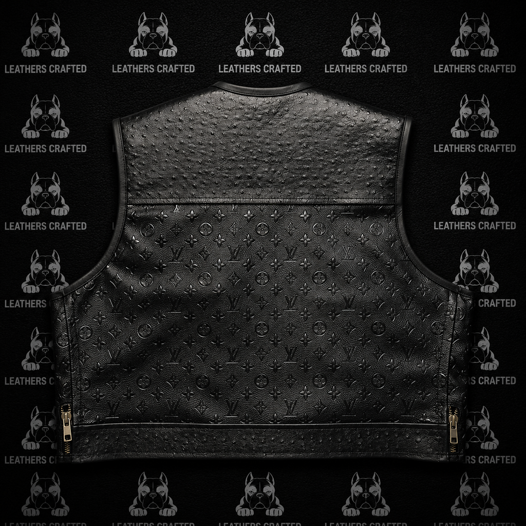 Premium Black Exotic Embossed LV Style Leather Biker Vest | Handmade Genuine Leather Motorcycle Club Vest | Leathers Crafted