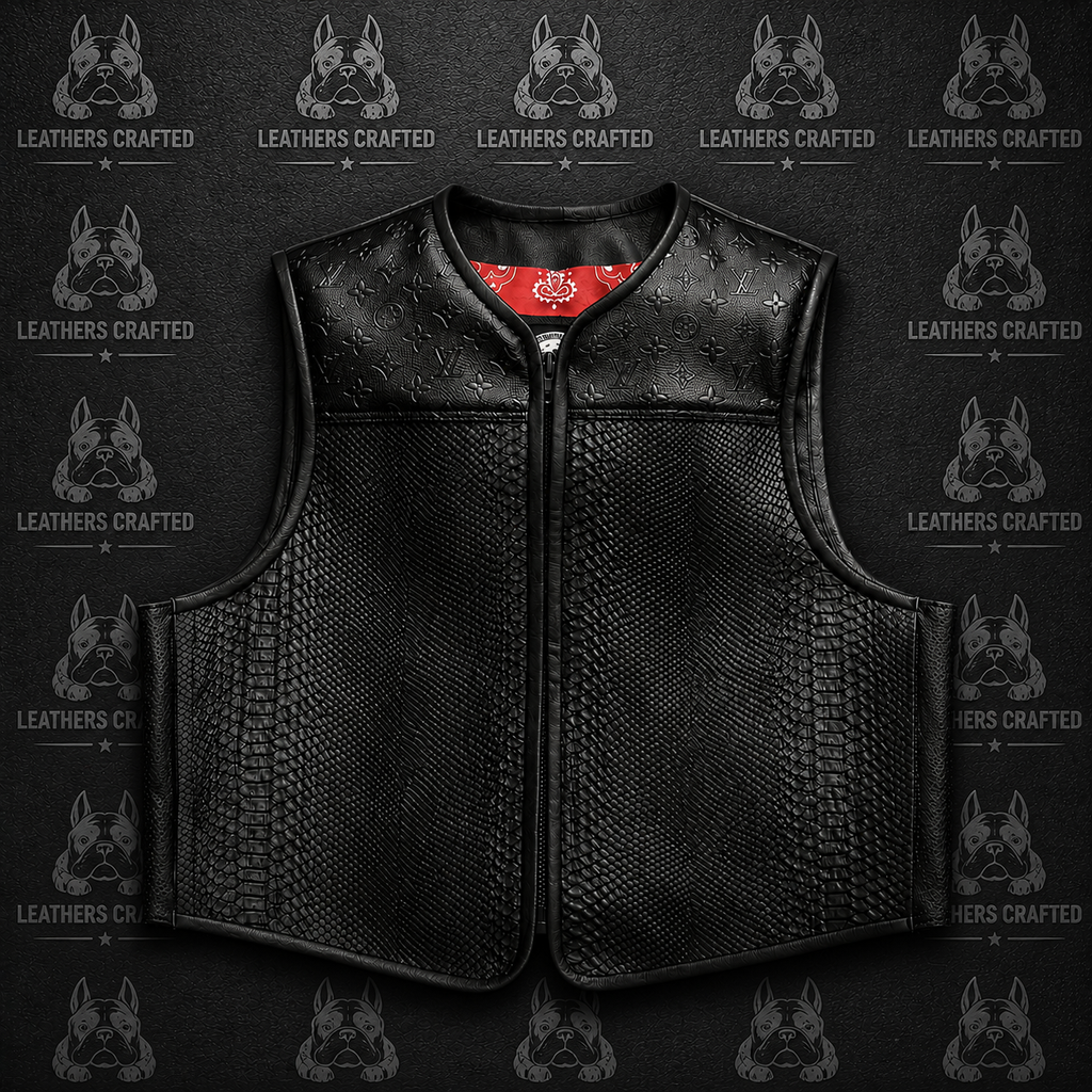 Premium Black Exotic Embossed Leather Biker Vest | Handmade Genuine Leather Motorcycle Vest | Leathers Crafted