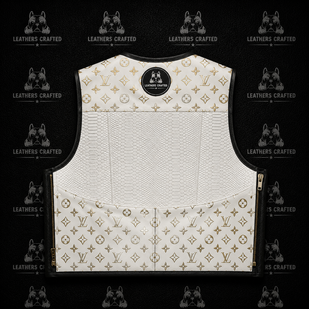 Premium White Luxury Monogram-Inspired Leather Biker Vest | Handmade Genuine Leather Motorcycle Vest | Leathers Crafted