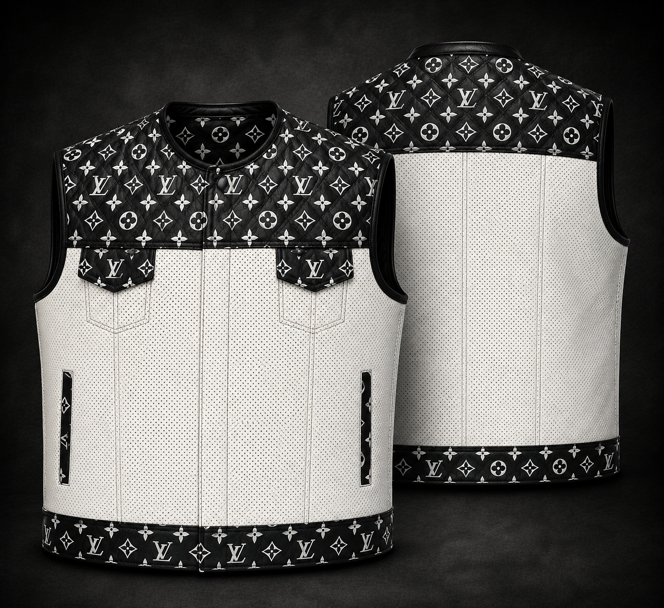 Men’s Black & White Quilted Leather Motorcycle Vest