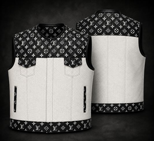 Men’s Black & White Quilted Leather Motorcycle Vest