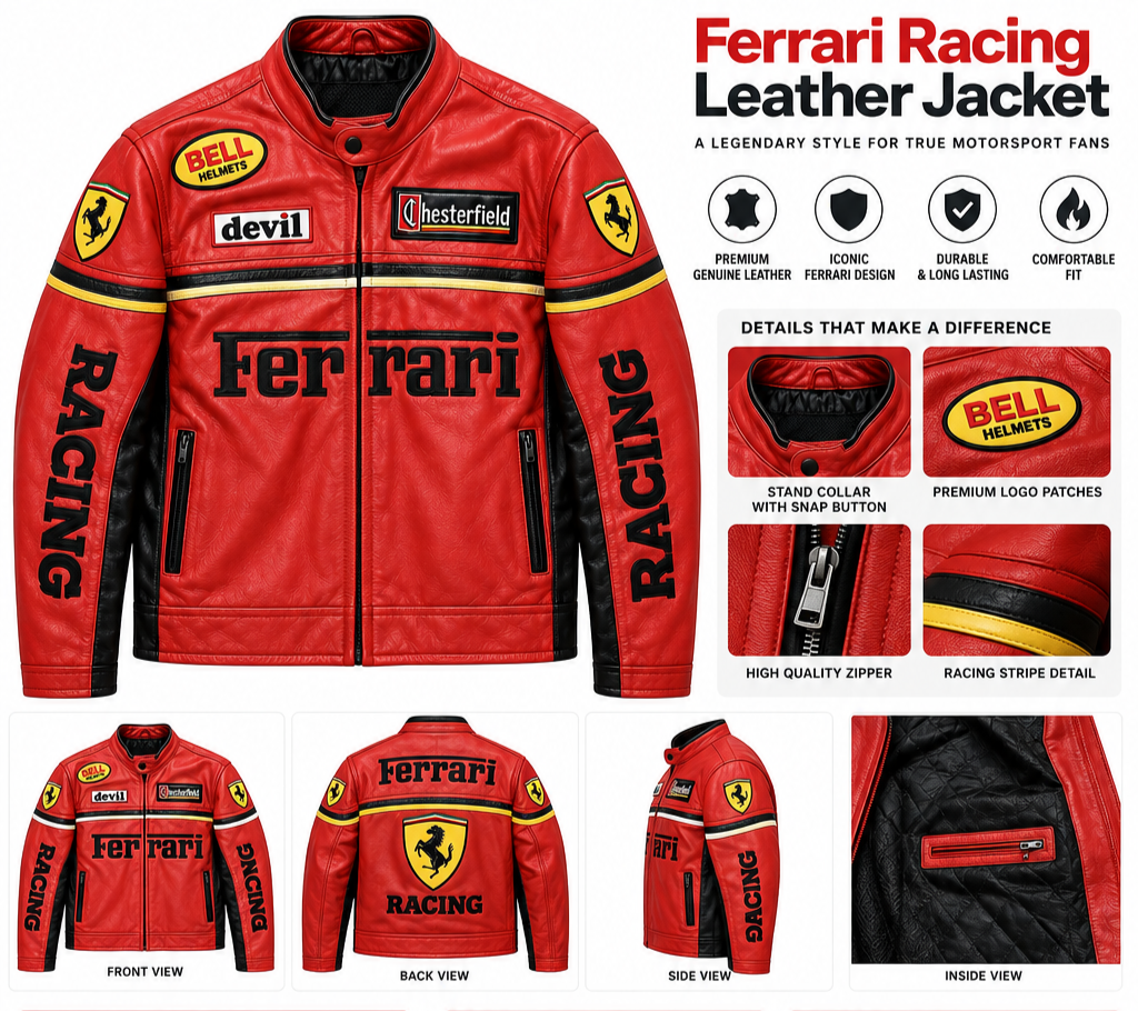 Ferrari Racing Leather Jacket Red RACING Motorcycle Motorsport Jacket