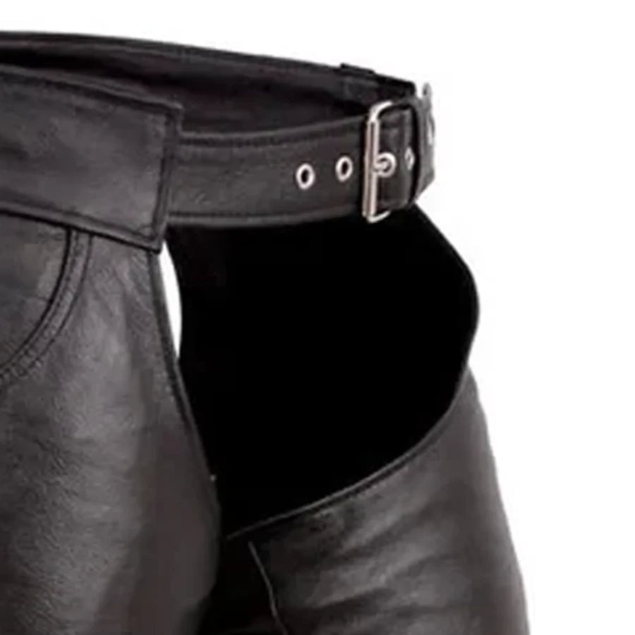 Close-up of a black leather belt with a buckle on a white background