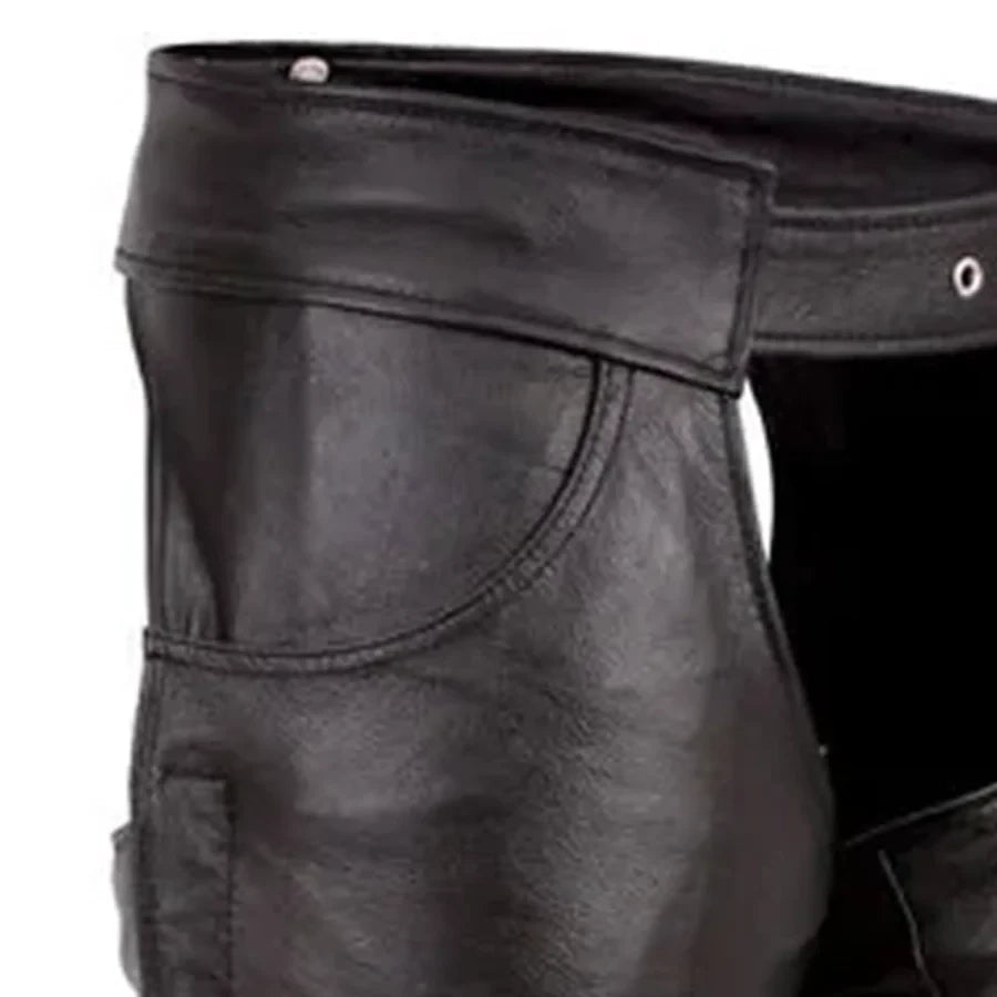 Close-up of black faux leather pants showing the waistband, side pocket, and texture against a white background.
