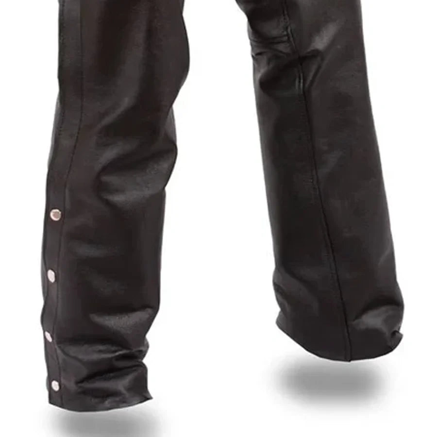 Close-up of black leather pants with button details on a white background