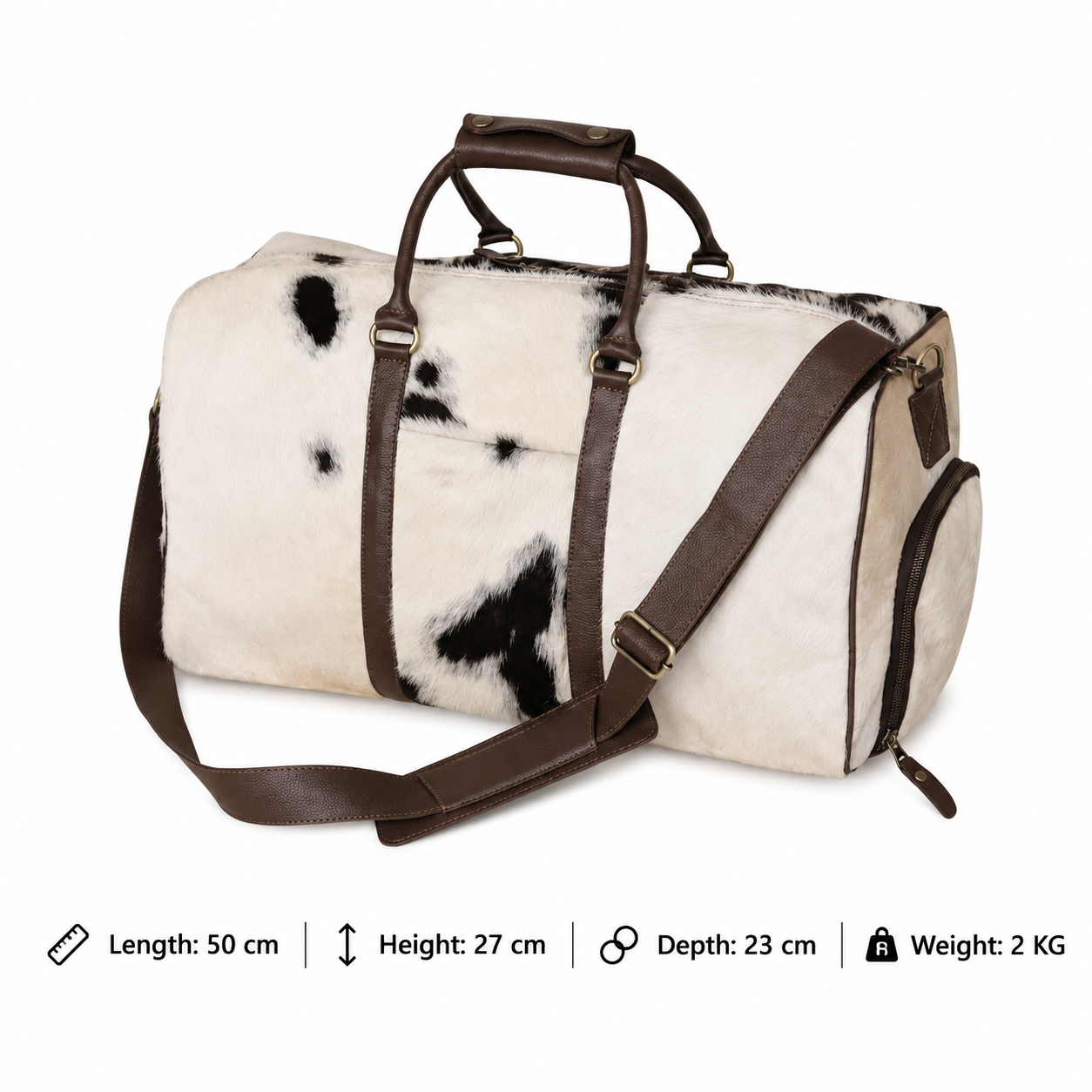 Genuine Cow Fur Leather Travel Weekender Bag with Shoulder Strap