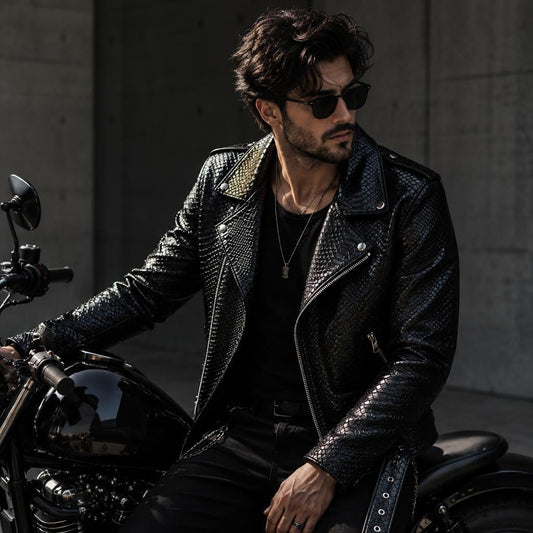 Men's Snakeskin Embossed Leather Biker Jacket – Black Python Print Moto Jacket