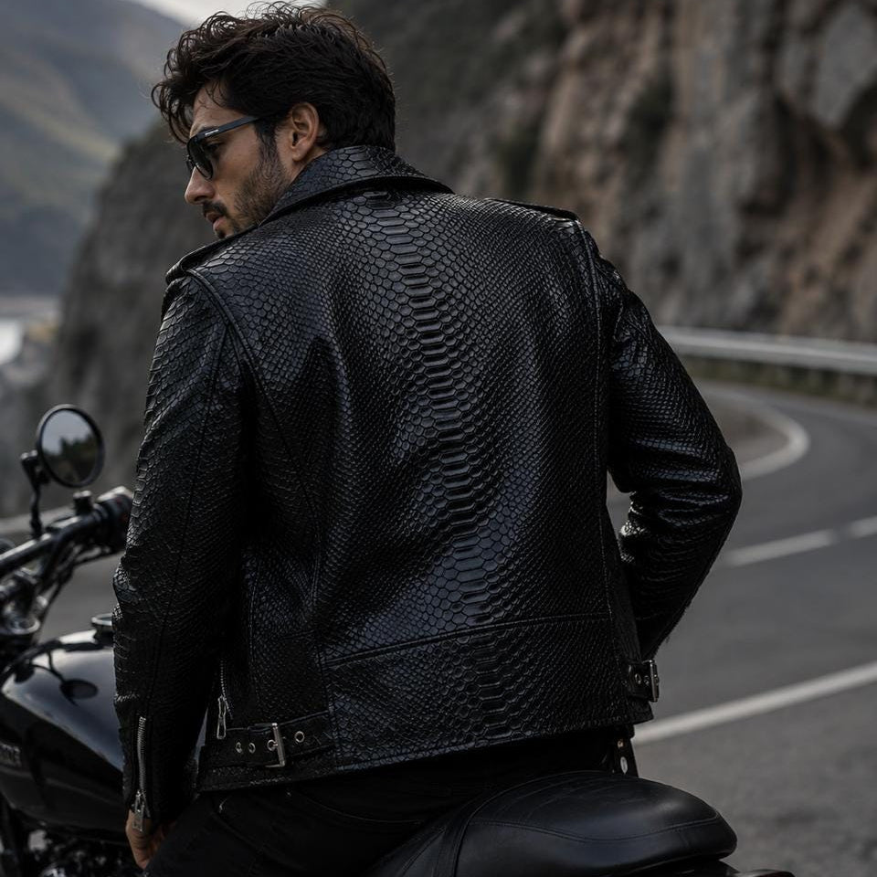 Men's Snakeskin Embossed Leather Biker Jacket – Black Python Print Moto Jacket