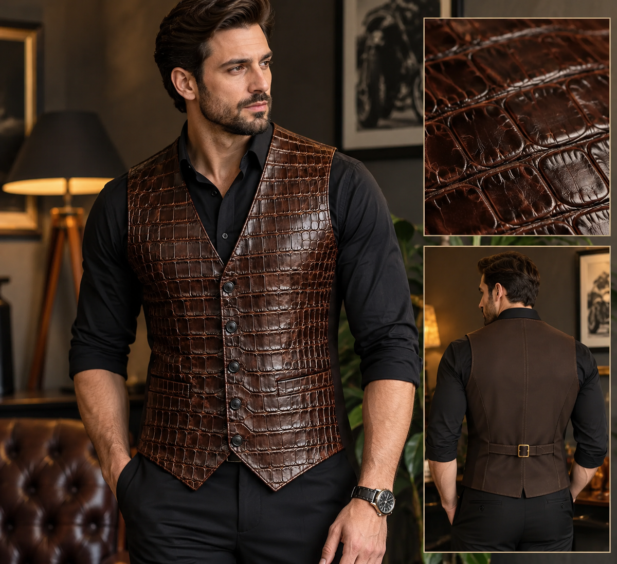 Crocodile Men’s Genuine Leather Vest – Classic Motorcycle Biker Waistcoat