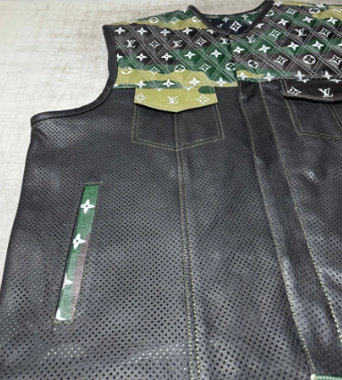 Custom Men’s Leather Biker Vest – Green Patterned Motorcycle Vest